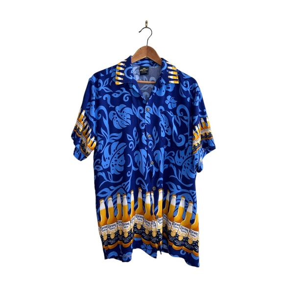 Vintage Corona Extra Beer Print Rayon Hawaiian Style Button Down Shirt - Picture 2 of 12